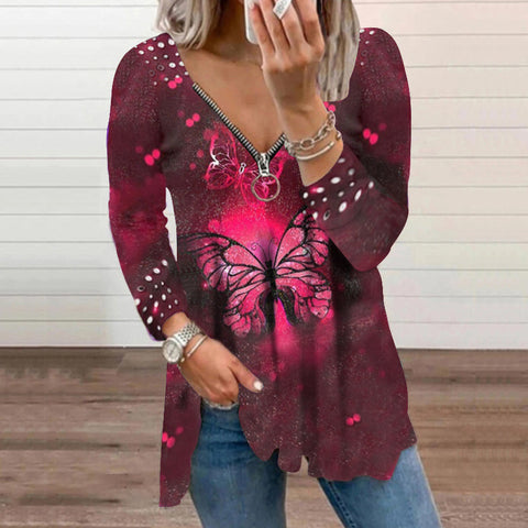 Pinksmoose FashionWomen's V-neck Zipper Pullover Top Pearl Print T-shirtProduct information:Supply category: SpotFabric name: Cotton blendedMain fabric composition: cottonThe content of the main fabric ingredient: 51%-70%Main fabric comptops & setsPinksmoose