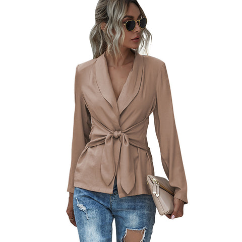 New V-Neck Tie Long-Sleeved Solid Color Small Suit Jacket - Pinksmoose Fashion