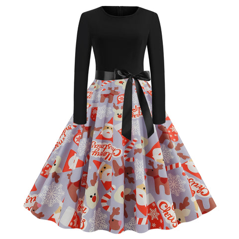 Pinksmoose FashionChristmas Print Stitching Long-sleeved DressProduct information:Skirt length: mid-length skirtSkirt type: large swing typeCollar type: round neckSleeve length: long sleeveWaist type: middle waistMain fabric cotops & setsPinksmoose