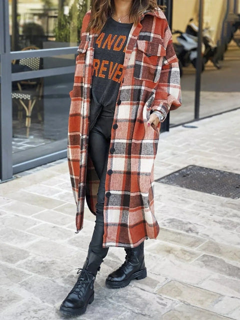 Single-breasted Pocket Printed Plaid Shirt Long Coat - Pinksmoose Fashion