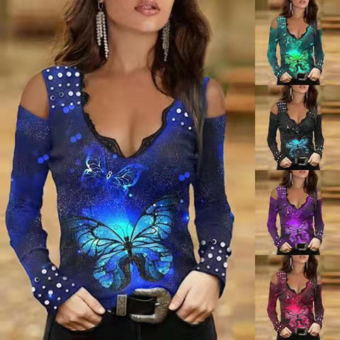Pinksmoose FashionV-neck Lace Long-sleeved Butterfly Print Gradient T-shirtProduct information:Supply category: SpotFabric name: Cotton blendedMain fabric composition: cottonThe content of the main fabric ingredient: 51%-70%Main fabric comptops & setsPinksmoose