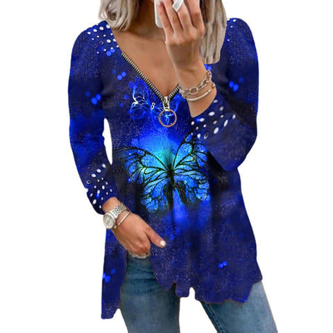Pinksmoose FashionWomen's V-neck Zipper Pullover Top Pearl Print T-shirtProduct information:Supply category: SpotFabric name: Cotton blendedMain fabric composition: cottonThe content of the main fabric ingredient: 51%-70%Main fabric comptops & setsPinksmoose