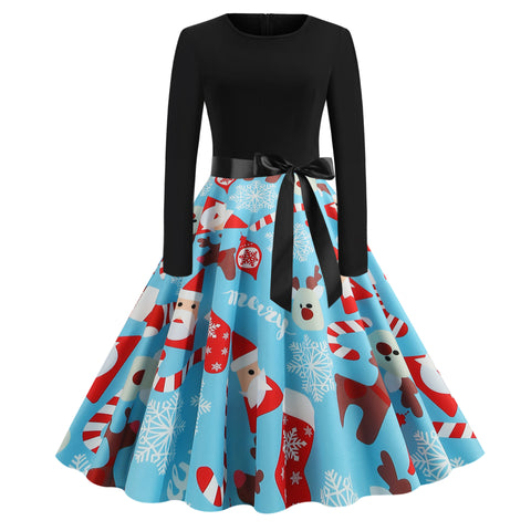 Pinksmoose FashionChristmas Print Stitching Long-sleeved DressProduct information:Skirt length: mid-length skirtSkirt type: large swing typeCollar type: round neckSleeve length: long sleeveWaist type: middle waistMain fabric cotops & setsPinksmoose