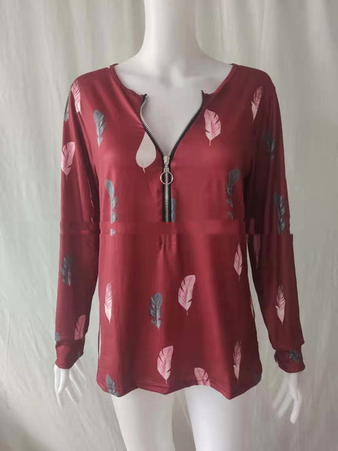 Pinksmoose FashionWomen's V-neck Zipper Feather Print Long Sleeve Loose T-shirtProduct information:Supply category: SpotFabric name: Cotton blendedMain fabric composition: cottonThe content of the main fabric ingredient: 51%-70%Main fabric comptops & setsPinksmoose