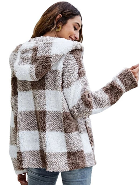 Hooded Plaid Double-sided Plush Pocket Cardigan Jacket - Pinksmoose Fashion