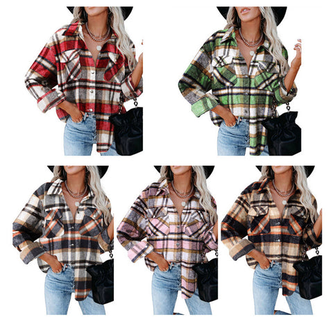 Lapel Loose Casual Buttoned Pocket Woolen Shirt Jacket - Pinksmoose Fashion