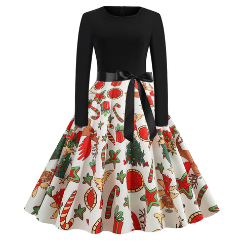 Pinksmoose FashionChristmas Print Stitching Long-sleeved DressProduct information:Skirt length: mid-length skirtSkirt type: large swing typeCollar type: round neckSleeve length: long sleeveWaist type: middle waistMain fabric cotops & setsPinksmoose