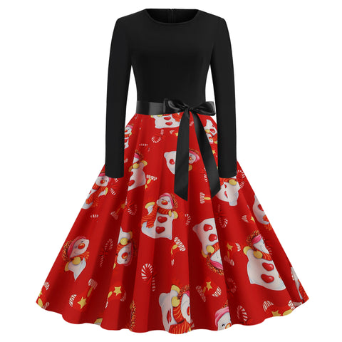 Pinksmoose FashionChristmas Print Stitching Long-sleeved DressProduct information:Skirt length: mid-length skirtSkirt type: large swing typeCollar type: round neckSleeve length: long sleeveWaist type: middle waistMain fabric cotops & setsPinksmoose